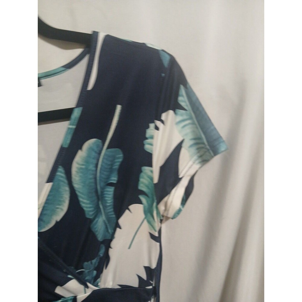 OUGES Women's S Navy Palm Print Short Sleeve Pocketed V Neck Maxi Dress - Picture 4 of 9